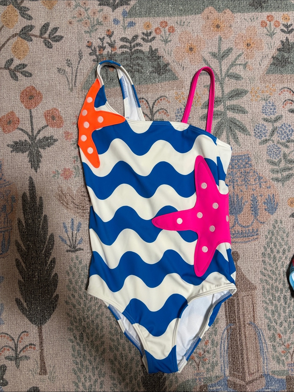 Mini Boden Blue & White Wave One-Piece with Pink Starfish